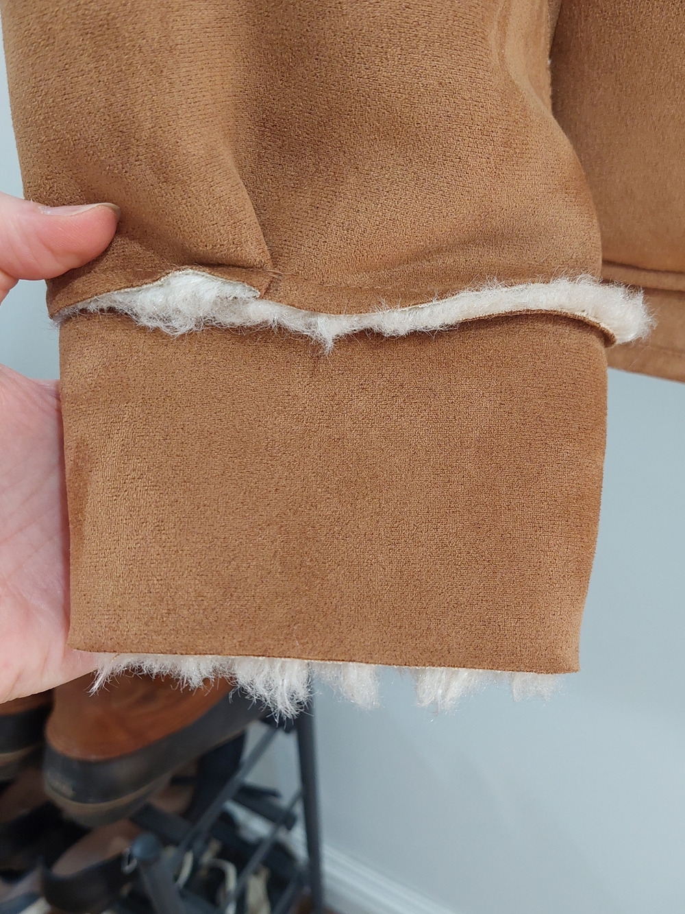 Zara Small Double Faced Cream Teddy Faux Shearling Jacket with Tan Trim - Picture 6 of 16